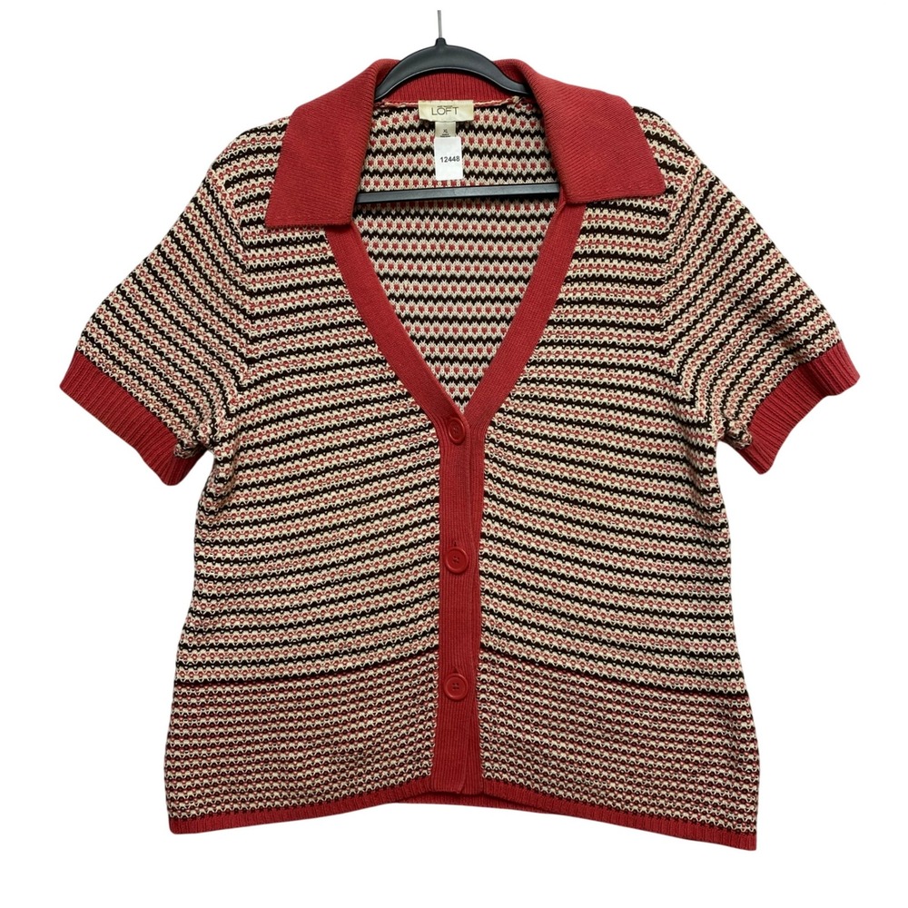 Ann Taylor LOFT Cardigan Womens XL Red Short Sleeve Striped Polo Sweater